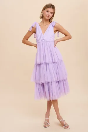 Light Purple Tiered Tie Strap Tulle Midi Dress