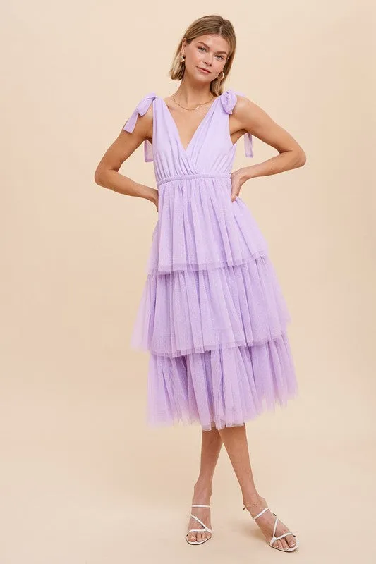 Light Purple Tiered Tie Strap Tulle Midi Dress