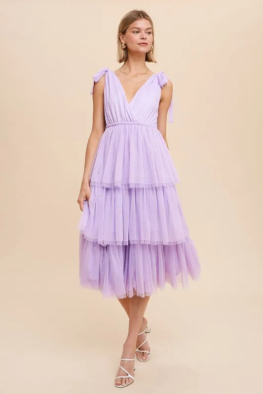 Light Purple Tiered Tie Strap Tulle Midi Dress