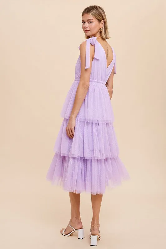 Light Purple Tiered Tie Strap Tulle Midi Dress