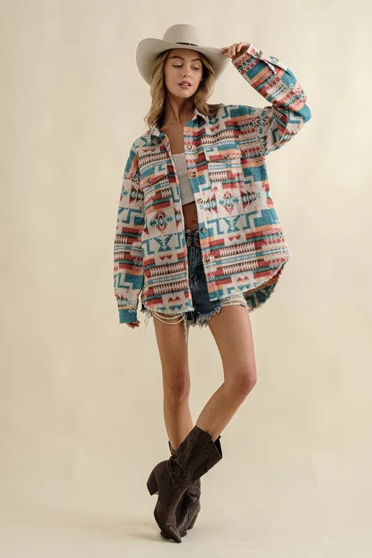 Long-sleeved Frayed Aztec Western Shacket