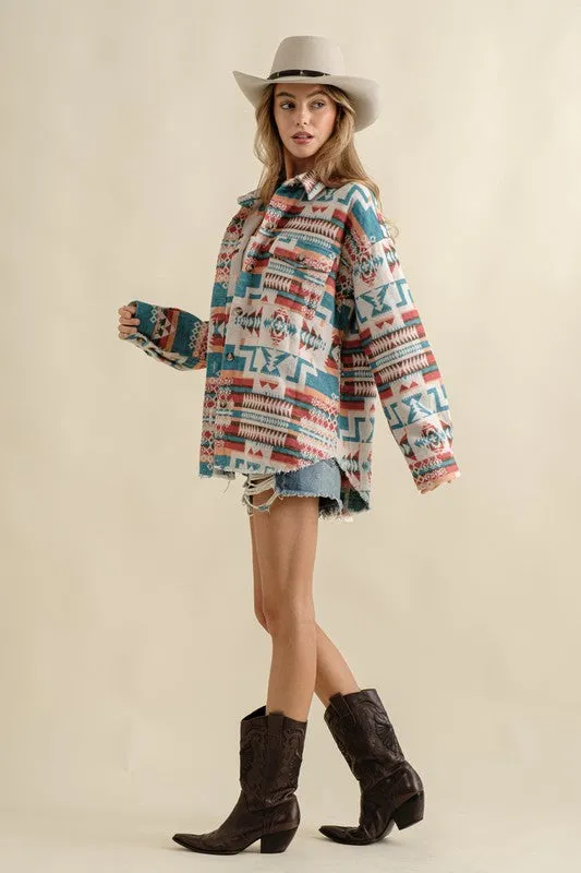 Long-sleeved Frayed Aztec Western Shacket