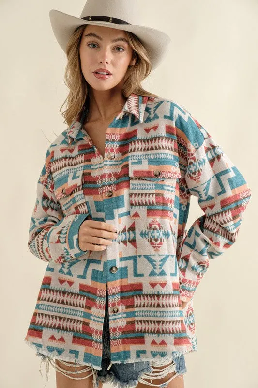 Long-sleeved Frayed Aztec Western Shacket