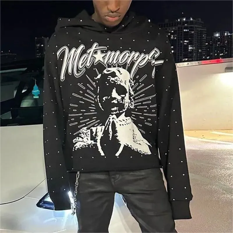 LovelyRLovely Men's Rhinestone Gothic Black Pullover Hoodies