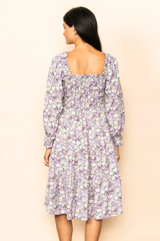 Lt Violet Floral Smocked Chest Tiered Midi Dress