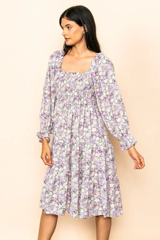 Lt Violet Floral Smocked Chest Tiered Midi Dress