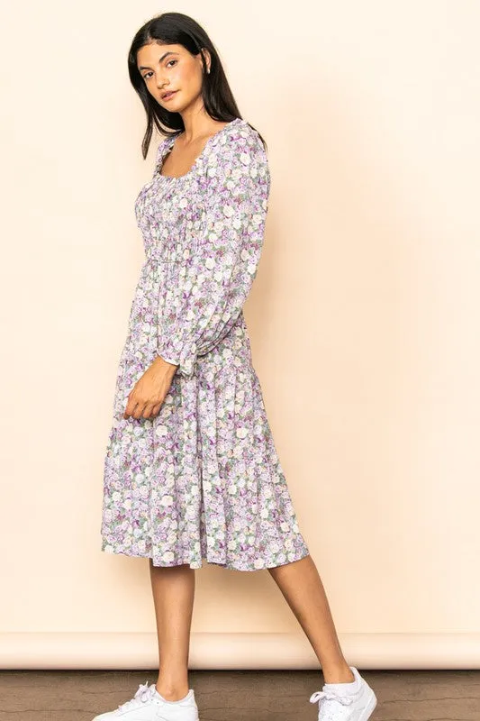 Lt Violet Floral Smocked Chest Tiered Midi Dress