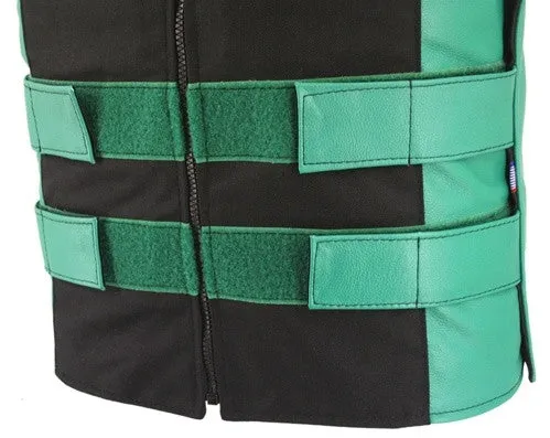 Made in USA Leather & Cordura Zippered Motorcycle Vest Green & Black