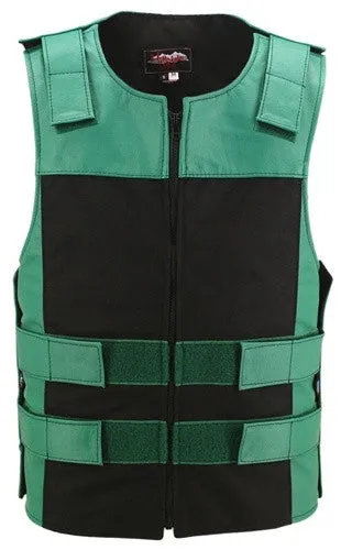 Made in USA Leather & Cordura Zippered Motorcycle Vest Green & Black