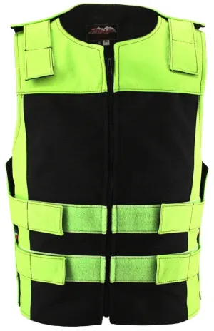 Made in USA Leather & Cordura Zippered Motorcycle Vest Lime Green Black