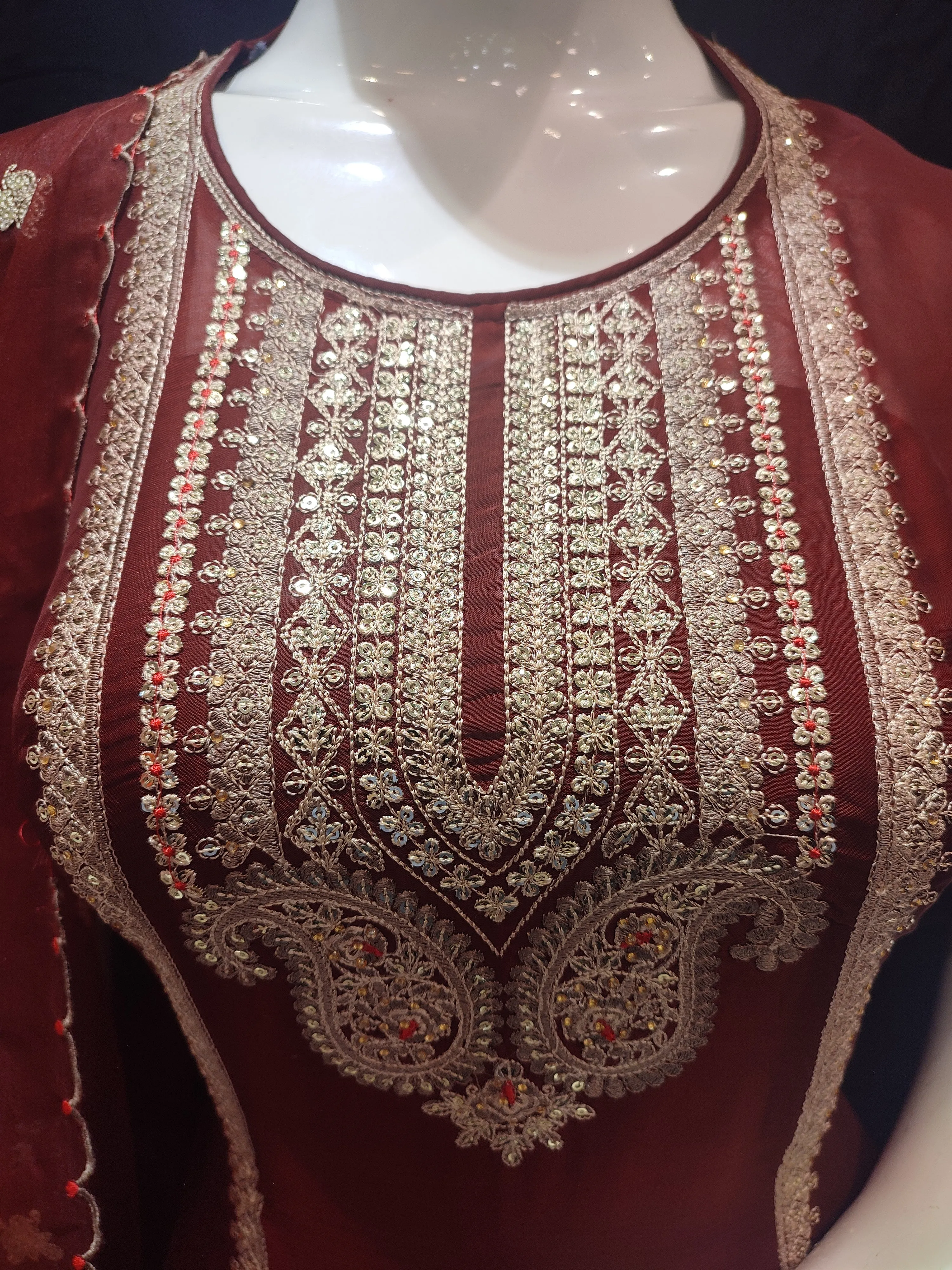 Maroon Organza Semi-Stitch Suit With Thread Embroidery