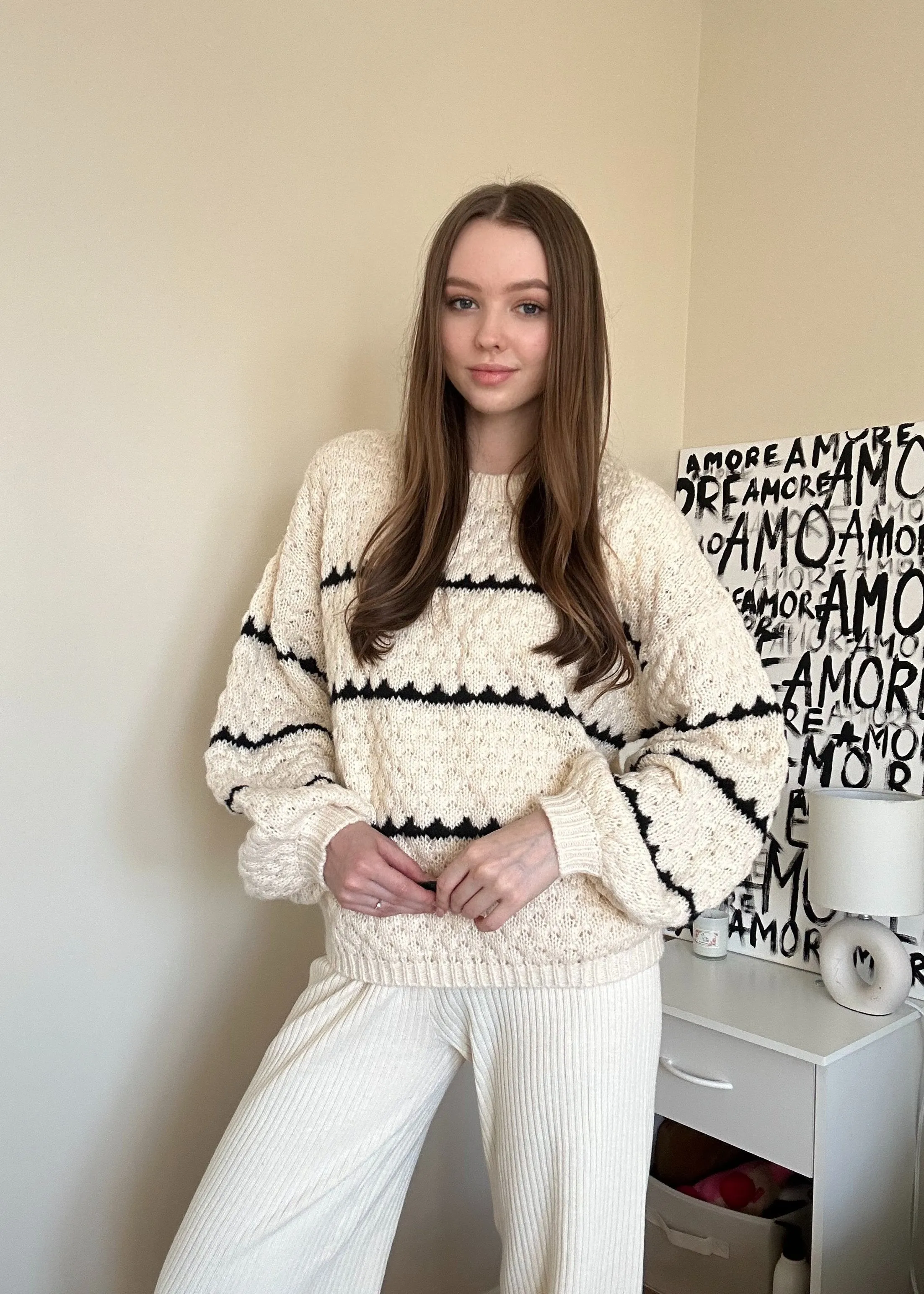 MEROKEETY Pullover Sweater Crew Neck Oversized Knit Jumper Tops