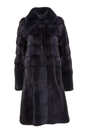 Navy Blue Horizontal & Vertical Plucked Mink Fur Coat