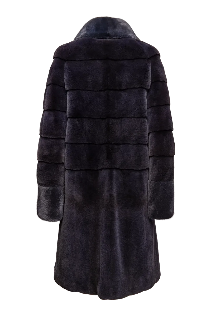 Navy Blue Horizontal & Vertical Plucked Mink Fur Coat