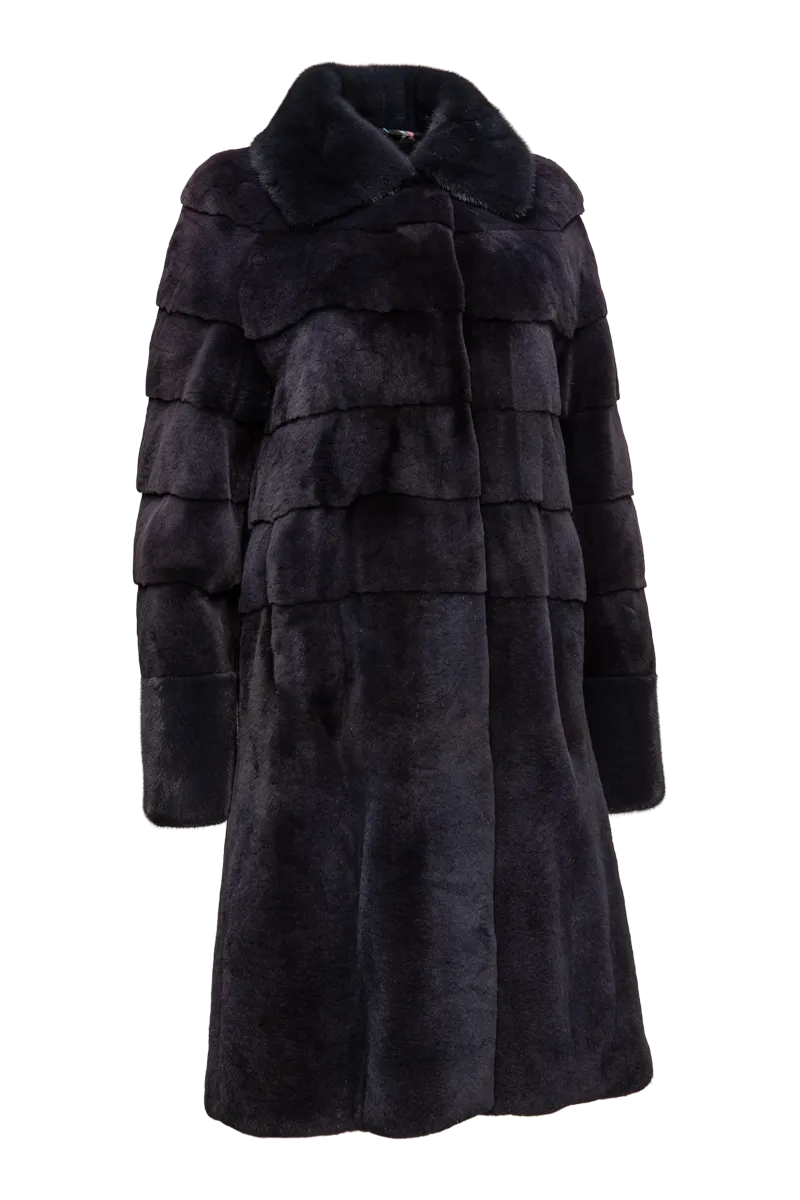 Navy Blue Horizontal & Vertical Plucked Mink Fur Coat