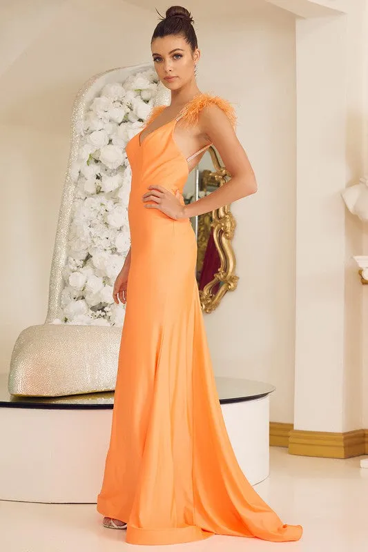 Neon Orange Feather Shoulder Solid Stretch Trumpet Dress