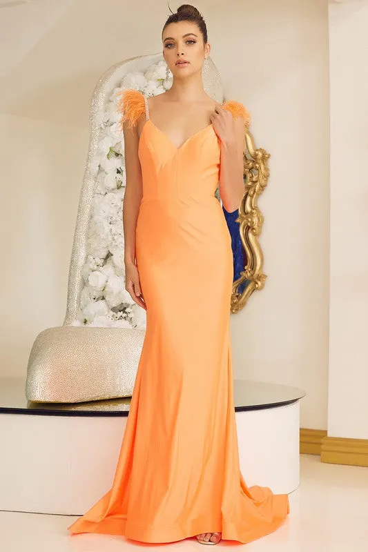 Neon Orange Feather Shoulder Solid Stretch Trumpet Dress