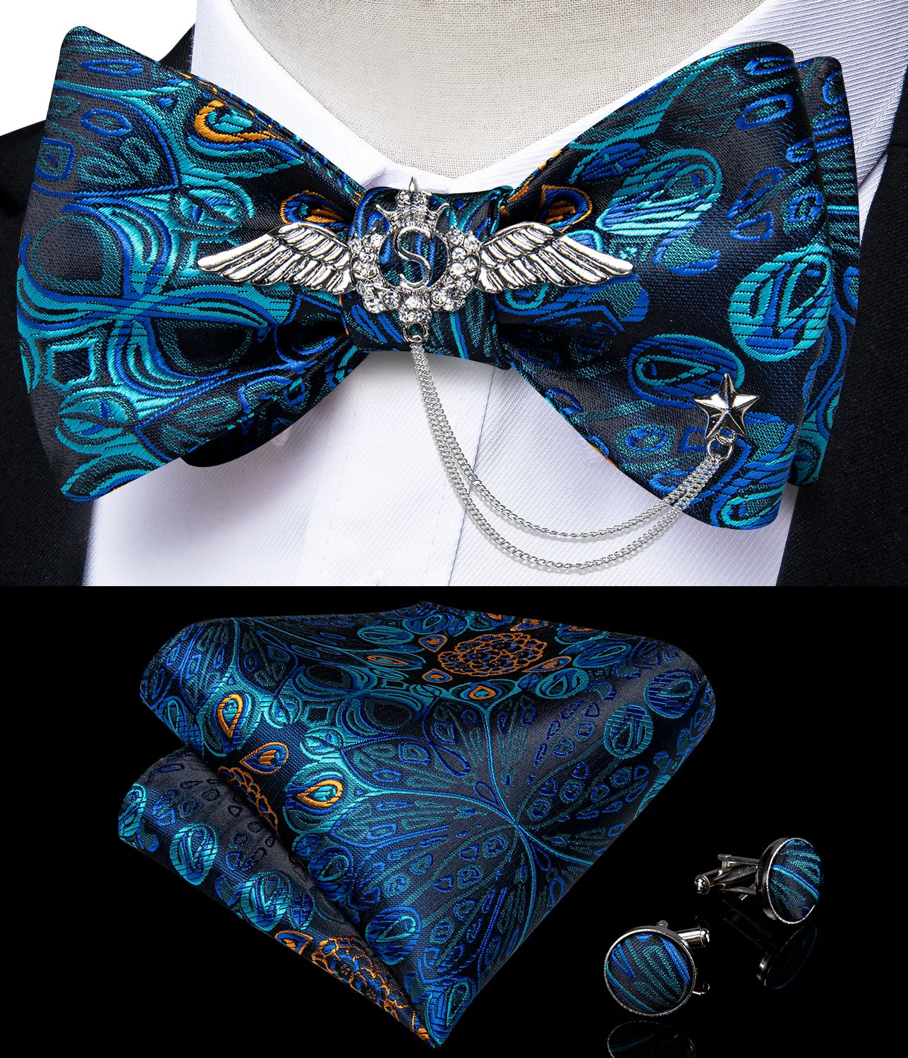 Novelty Blue Paisley Self-Bowtie Pocket Square Cufflinks With Wing Lapel Pin