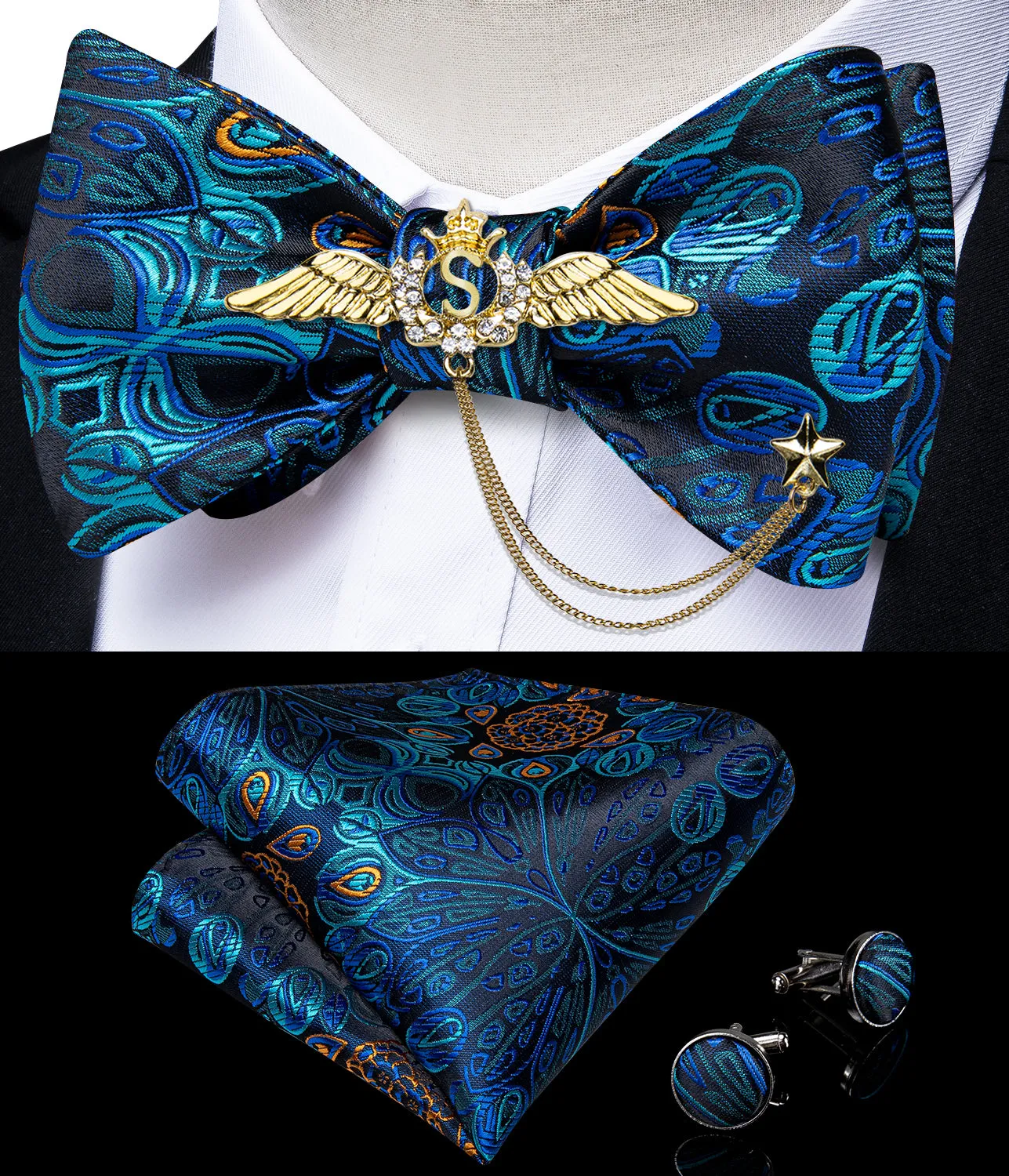 Novelty Blue Paisley Self-Bowtie Pocket Square Cufflinks With Wing Lapel Pin