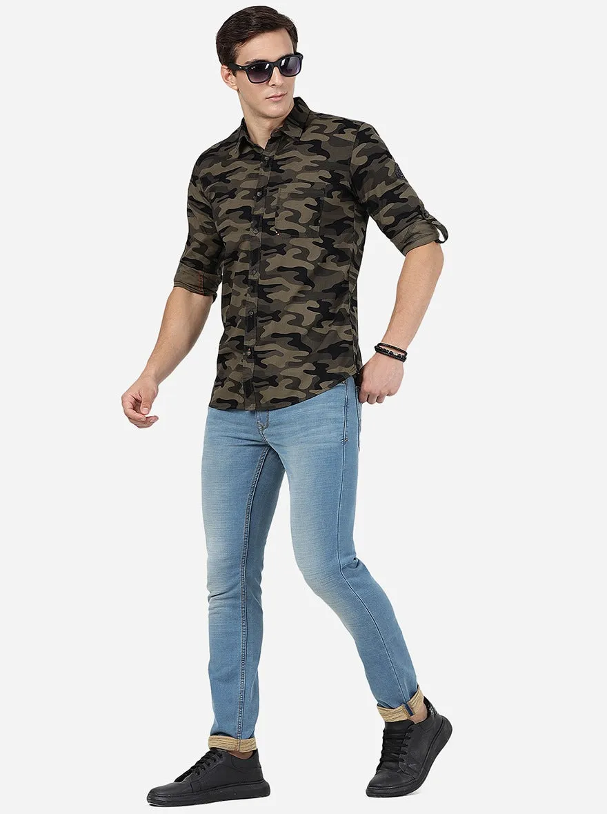 Olive Camo Printed Slim Fit Casual Shirt | JadeBlue