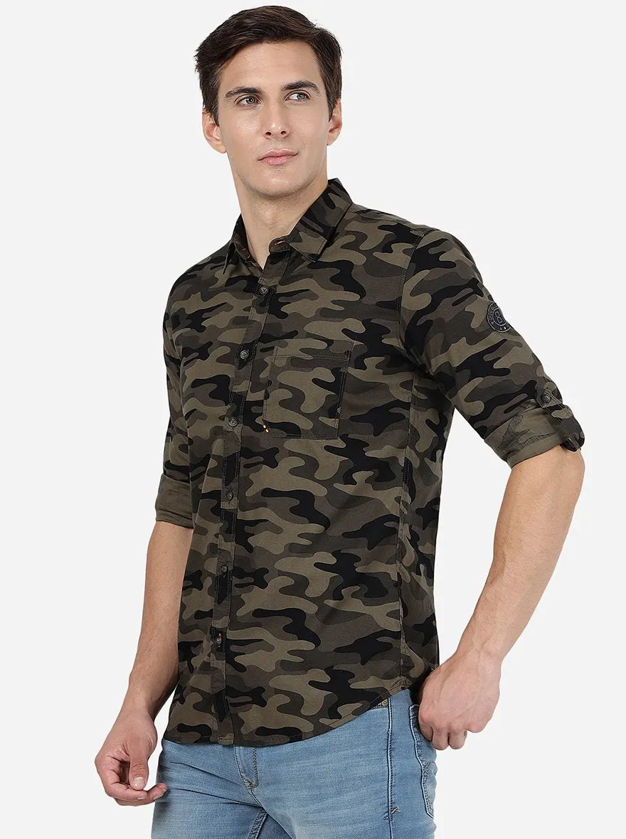 Olive Camo Printed Slim Fit Casual Shirt | JadeBlue