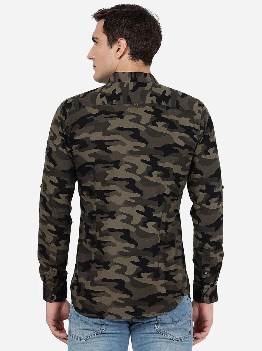 Olive Camo Printed Slim Fit Casual Shirt | JadeBlue