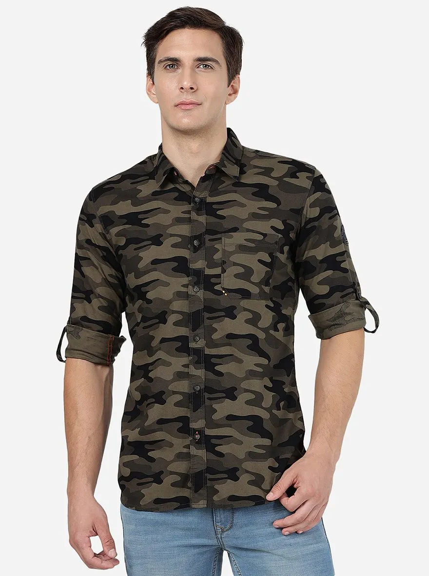 Olive Camo Printed Slim Fit Casual Shirt | JadeBlue