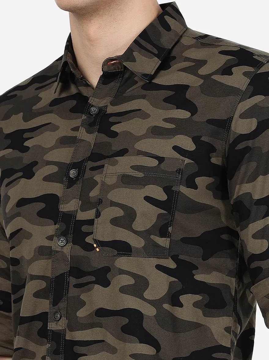 Olive Camo Printed Slim Fit Casual Shirt | JadeBlue