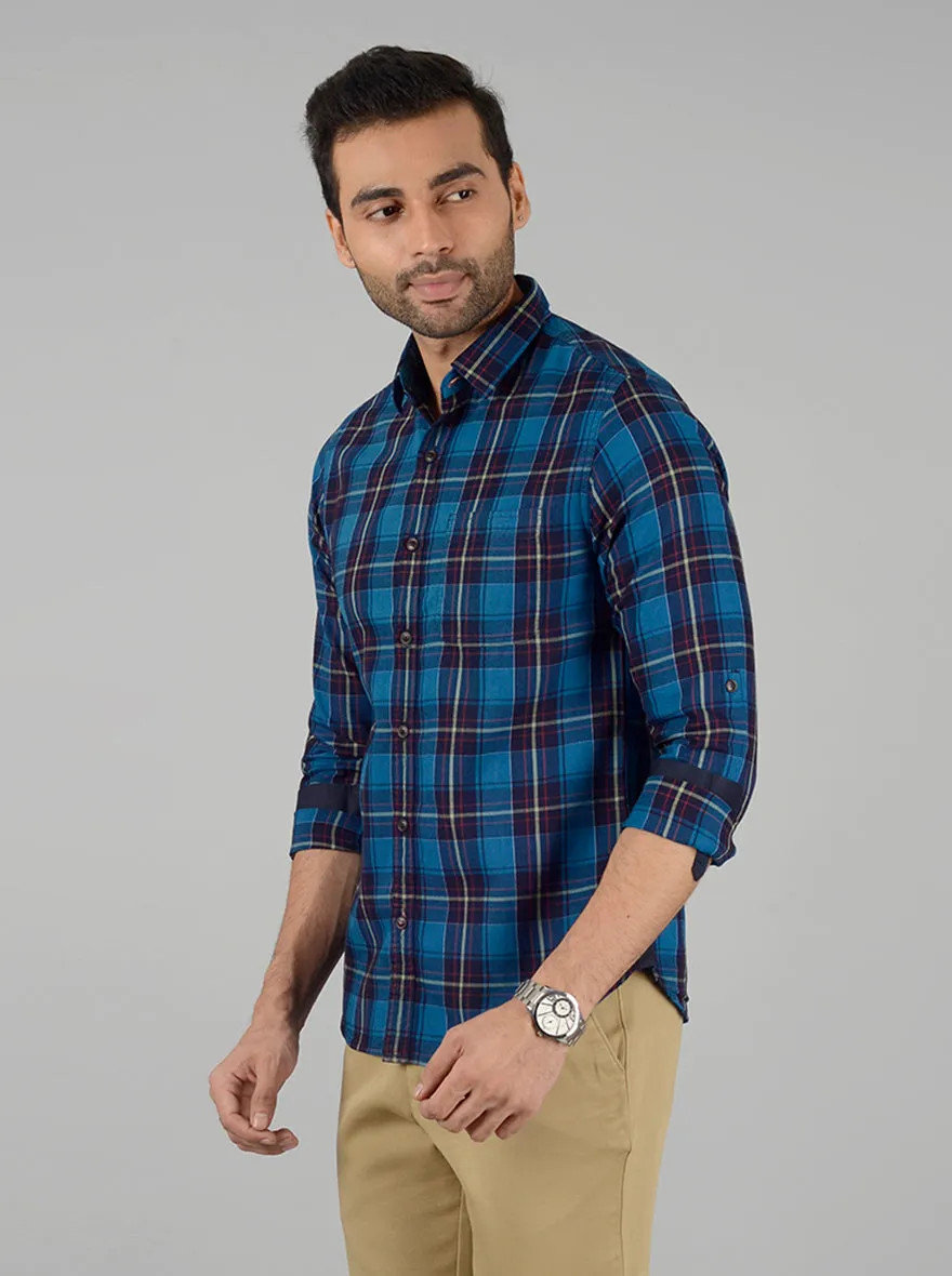 Olympic Blue Checked Slim Fit Casual Shirt | Greenfibre