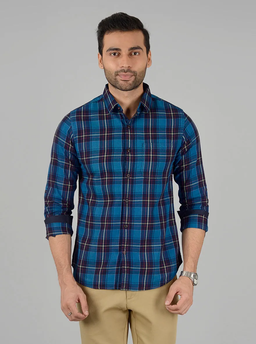 Olympic Blue Checked Slim Fit Casual Shirt | Greenfibre