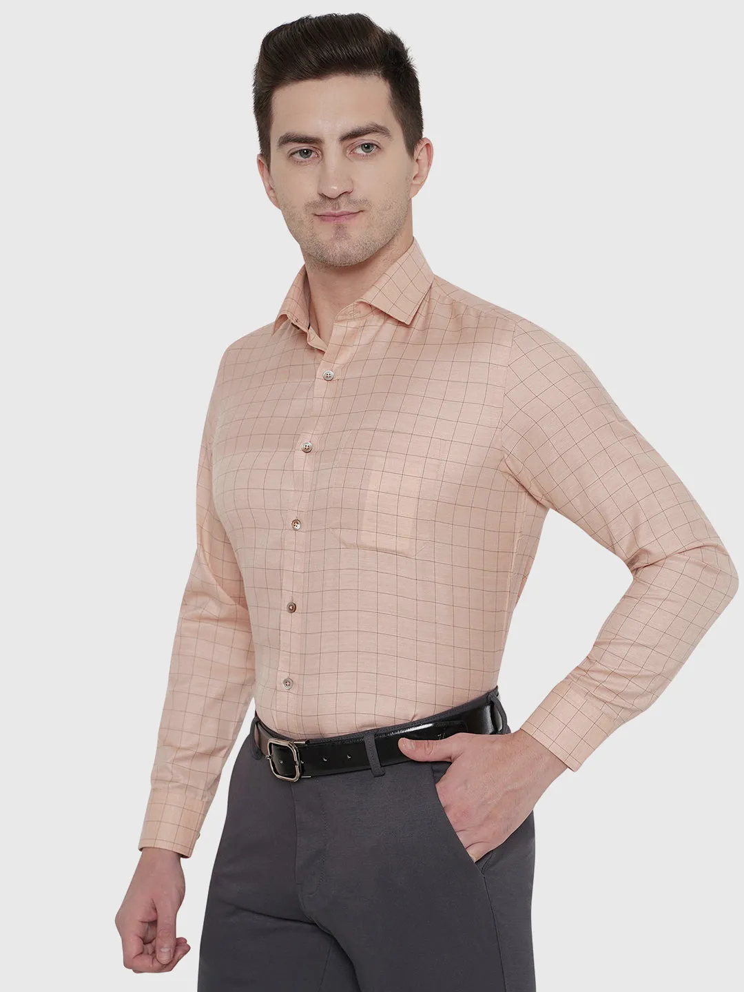 Orange Checked Slim Fit Formal Shirt | Greenfibre