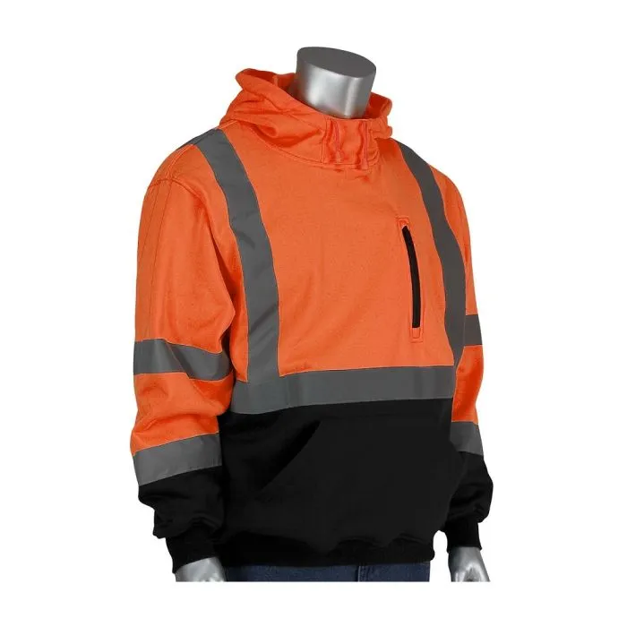 PIP 323-1350B-OR ANSI Type R Class 3 Hooded Pullover Sweatshirt with Black Bottom, Hi Vis Orange, 1 Each