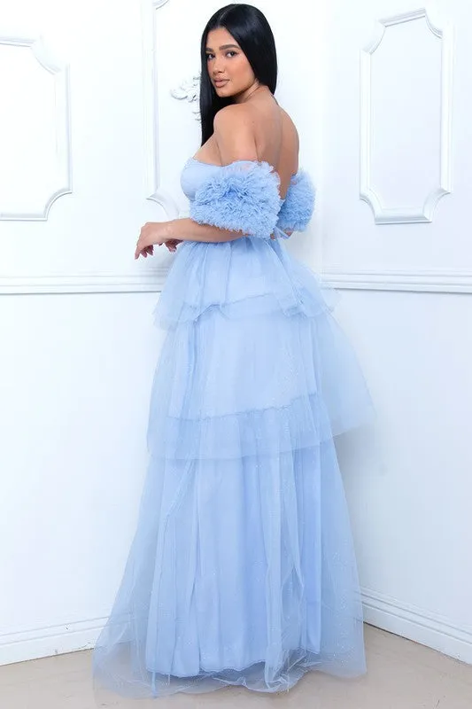 Powder Blue Mesh Ruffle Off The Sleeve Maxi Dress