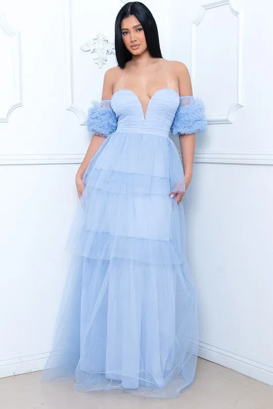 Powder Blue Mesh Ruffle Off The Sleeve Maxi Dress