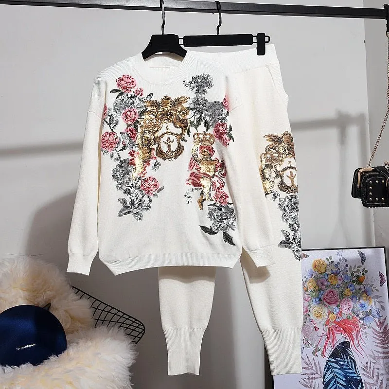 Pre Order:  Floral Knit Sequin Tracksuit Set