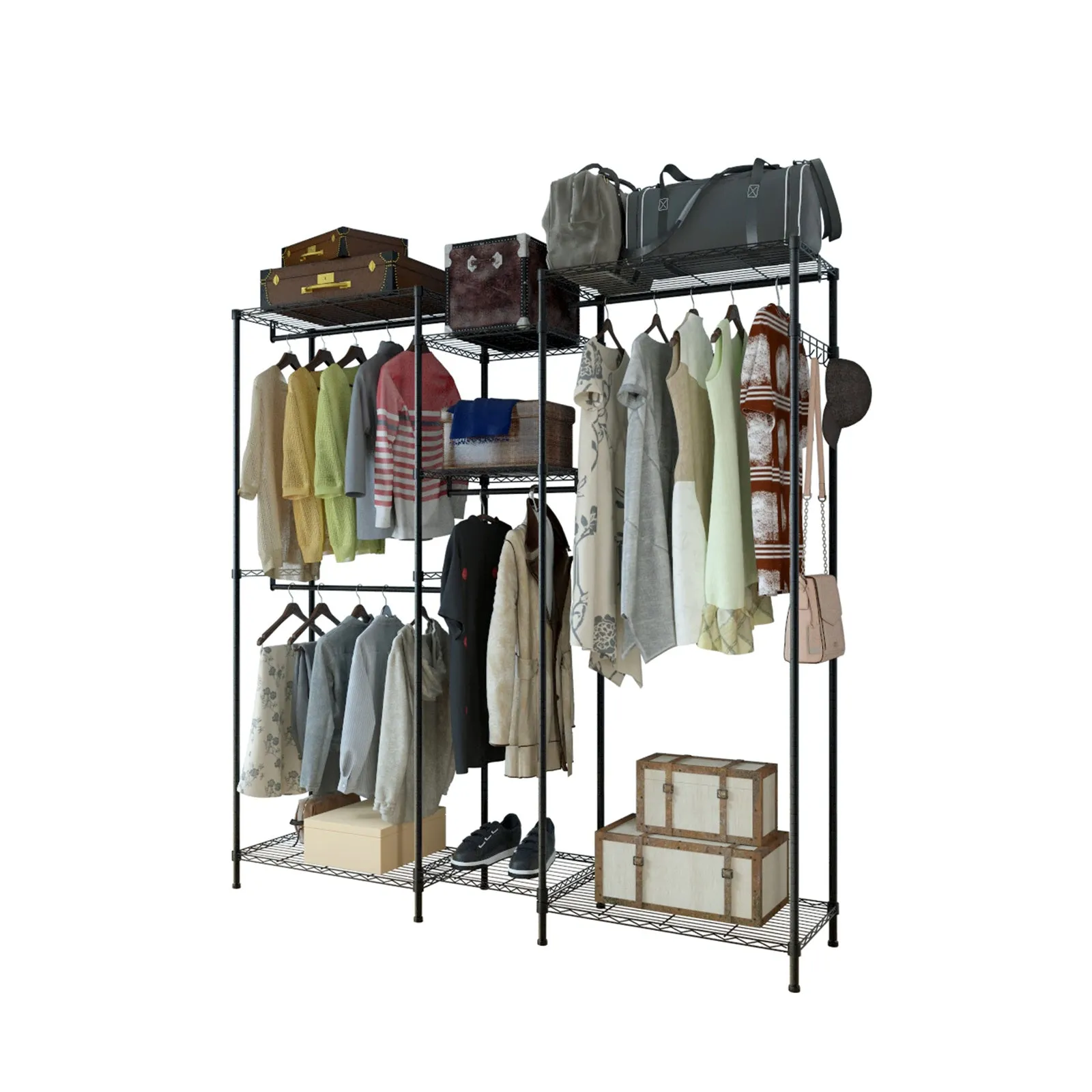 RONSHIN Portable 4 Rows Clothes Rack with 7 Layers Shelves Garment Rack