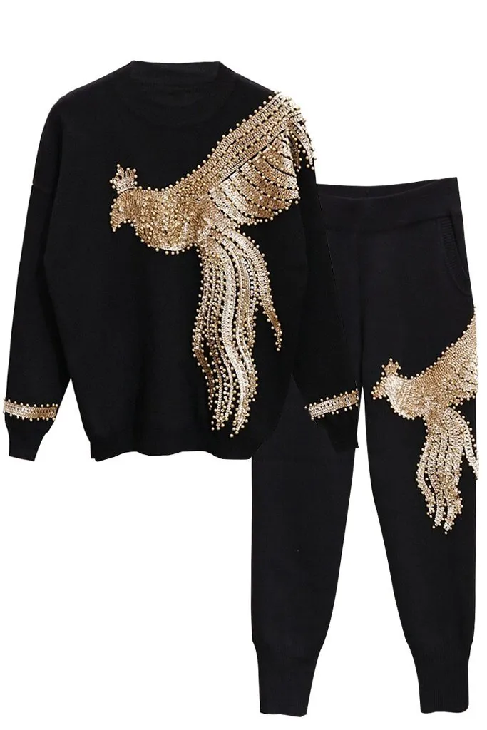 Royal Eagle Knitted Top and Pants Set with Eagle Embroidery