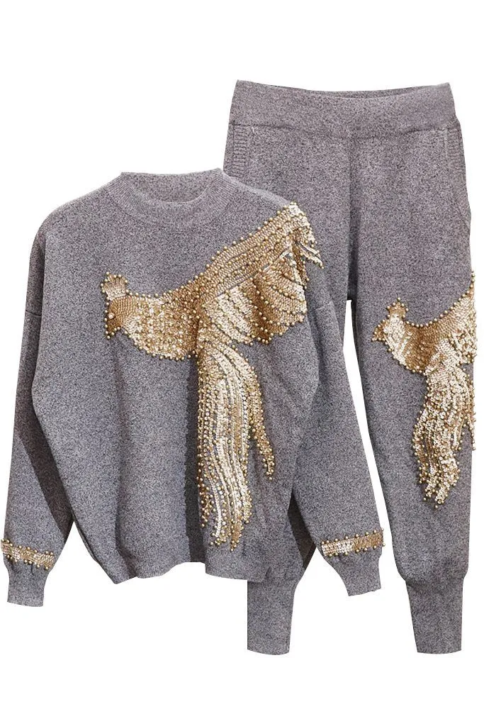 Royal Eagle Knitted Top and Pants Set with Eagle Embroidery