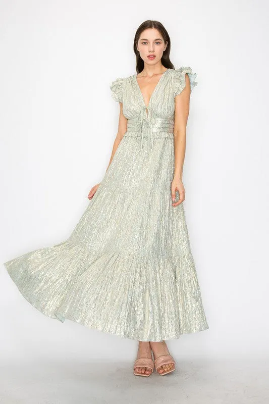 Sage Metallic Stripe Ruffled Sleeves Midi Dress