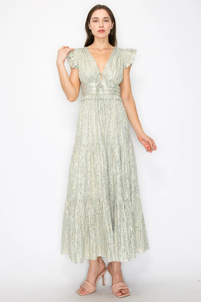 Sage Metallic Stripe Ruffled Sleeves Midi Dress