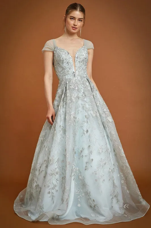 Sage Off Shoulder V Neck Embroidery Ball Gown