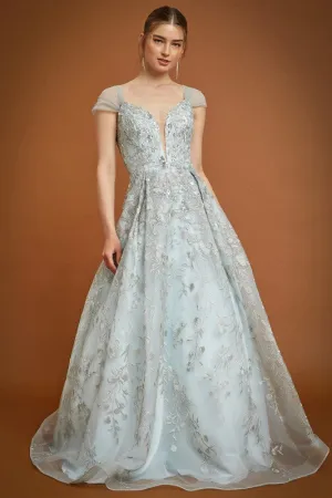 Sage Off Shoulder V Neck Embroidery Ball Gown