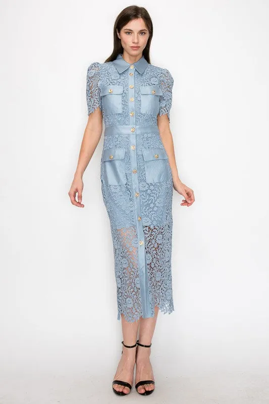 Slate Blue Puff Short Sleeves Buttoned Flower Lace Midi Dress