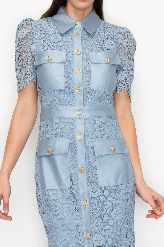 Slate Blue Puff Short Sleeves Buttoned Flower Lace Midi Dress