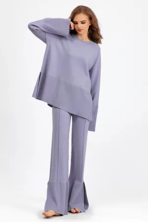 Slit Round Neck Long Sleeve Top and Drawstring Pants Sweater Set