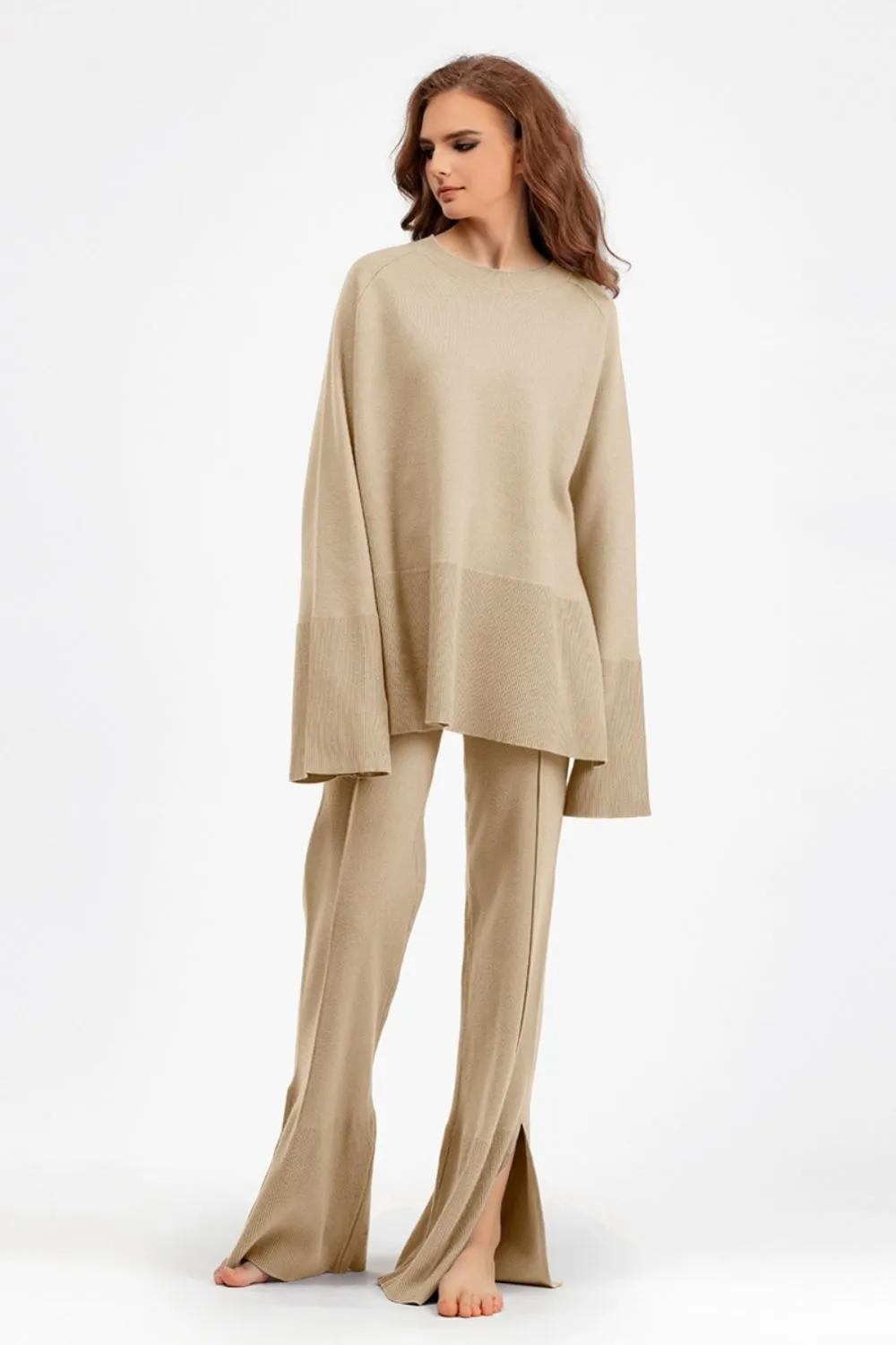 Slit Round Neck Long Sleeve Top and Drawstring Pants Sweater Set