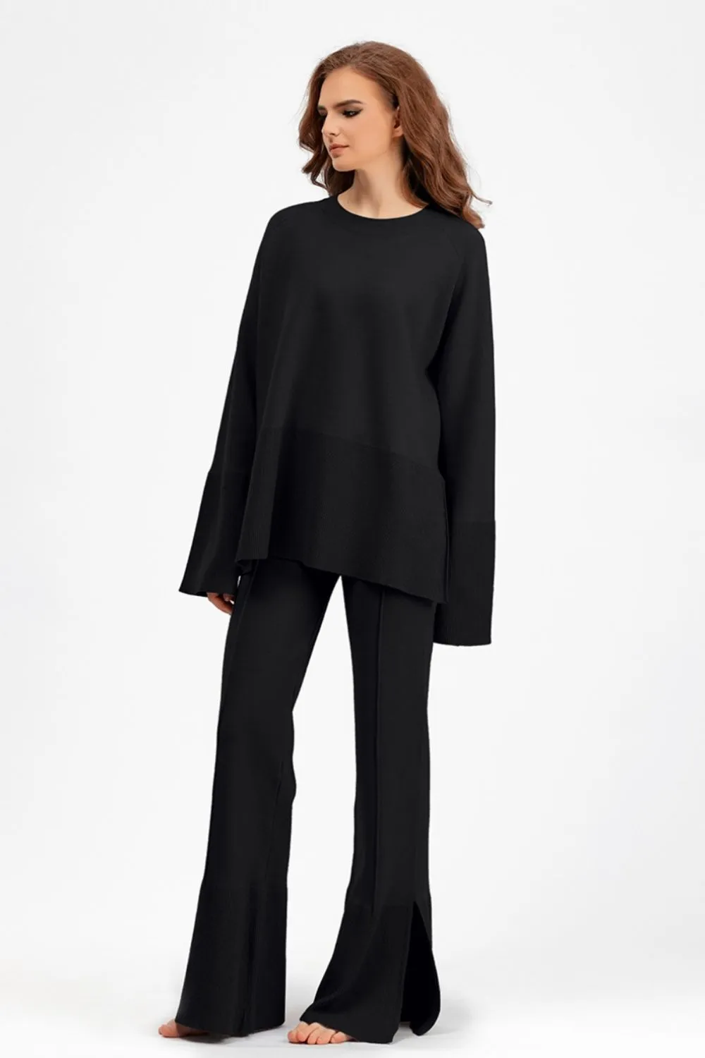 Slit Round Neck Long Sleeve Top and Drawstring Pants Sweater Set