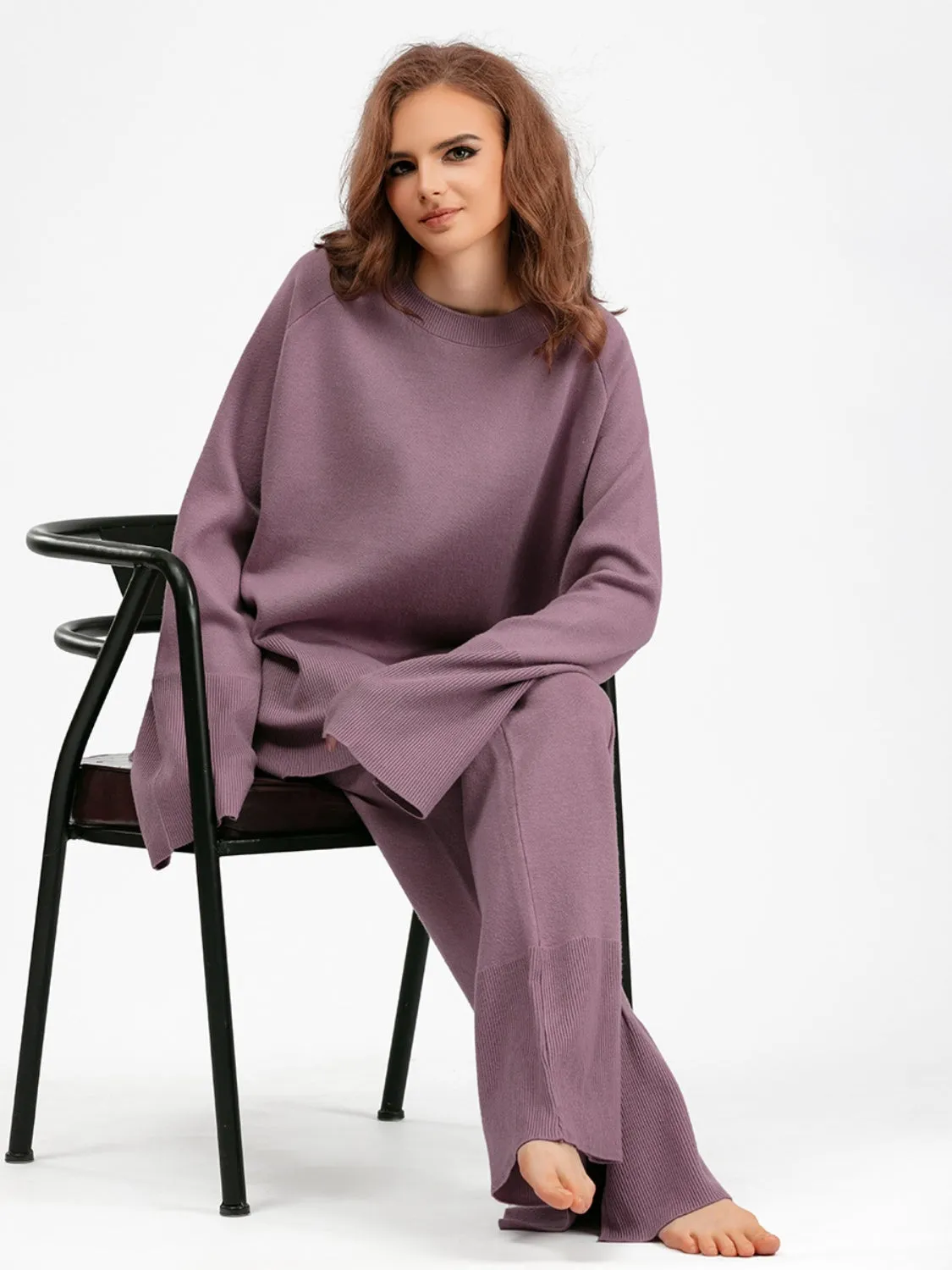 Slit Round Neck Long Sleeve Top and Drawstring Pants Sweater Set