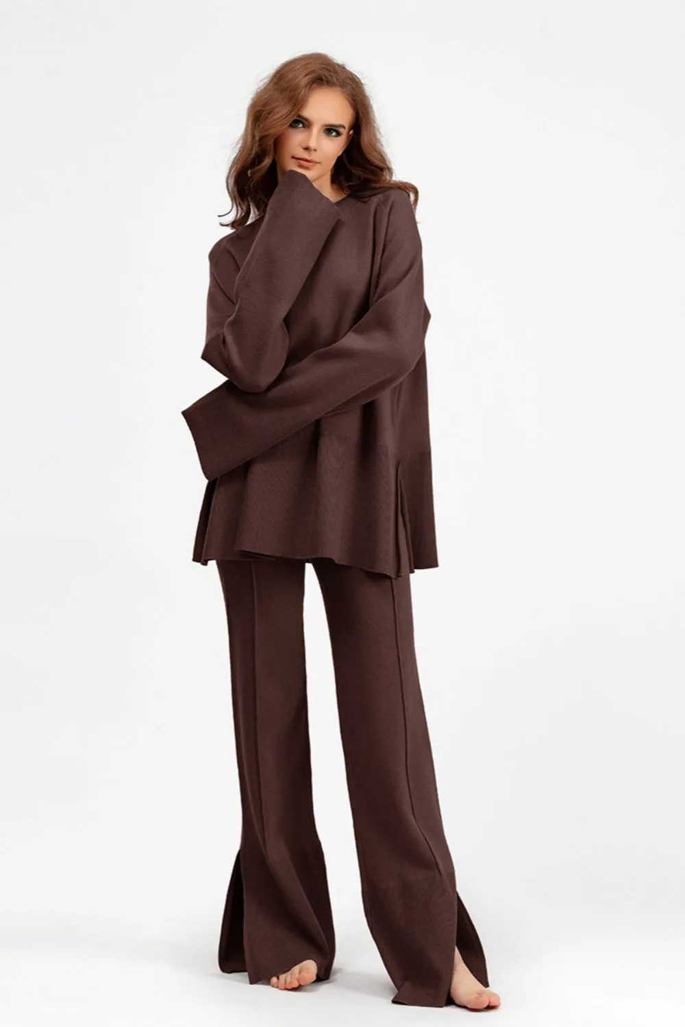 Slit Round Neck Long Sleeve Top and Drawstring Pants Sweater Set