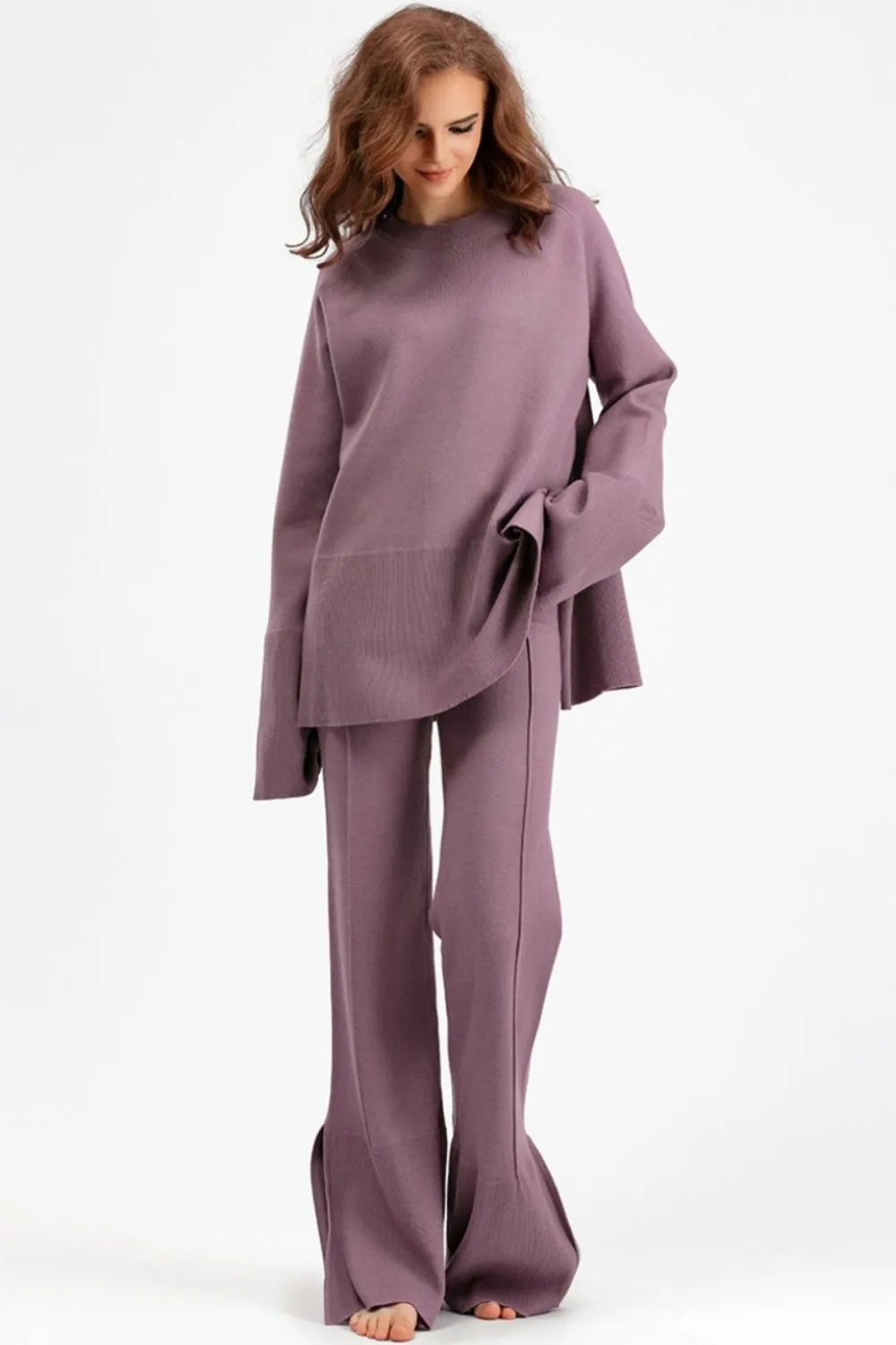 Slit Round Neck Long Sleeve Top and Drawstring Pants Sweater Set